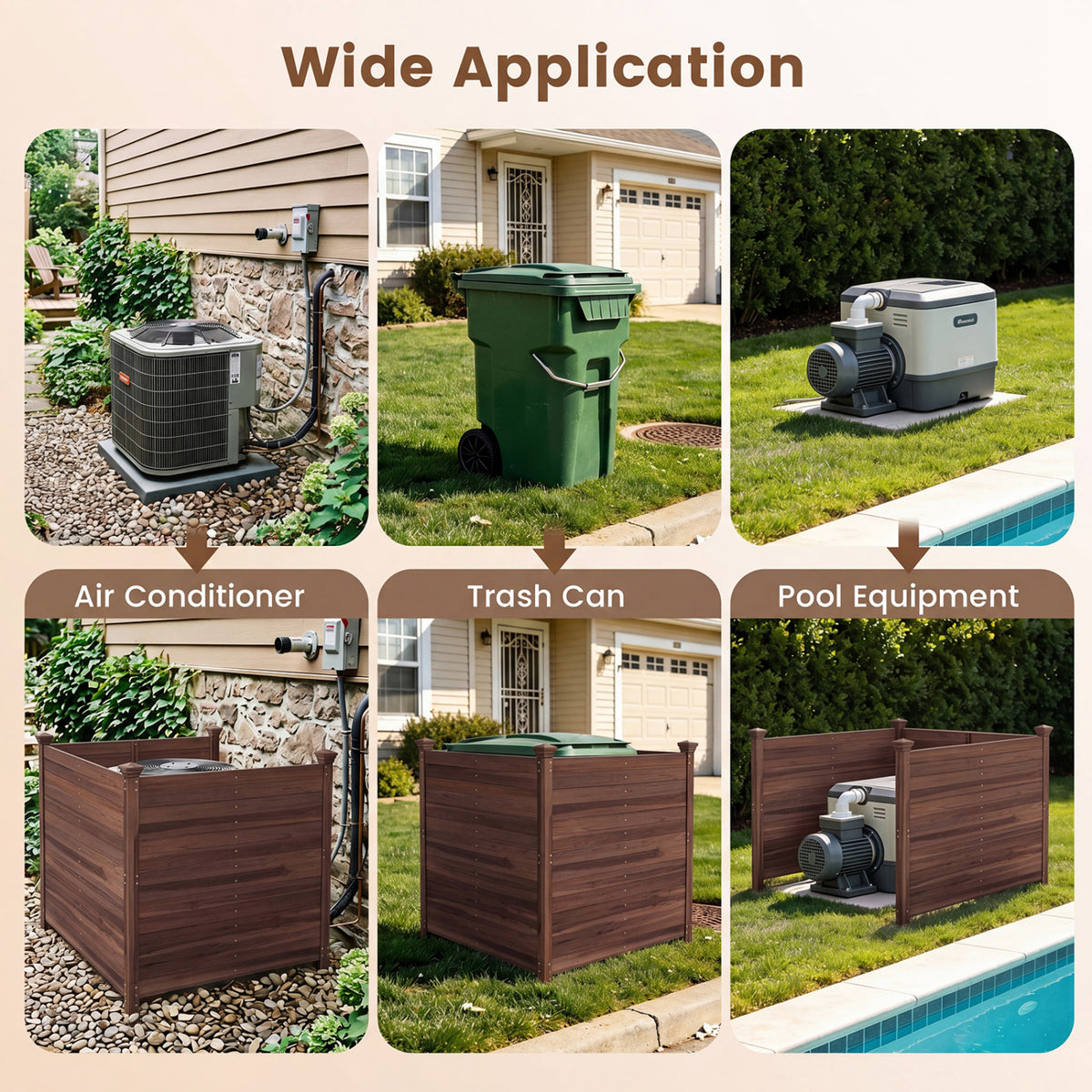 3-Panel Outdoor Privacy Fence for Air Conditioner - Brown, Rustic Wood