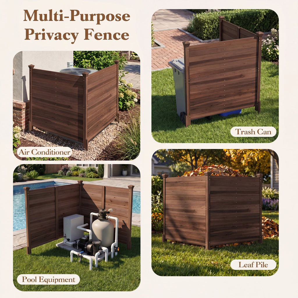 Outdoor Privacy Fence for Air Conditioner - 2 Brown Fir Wood Panels with Stakes