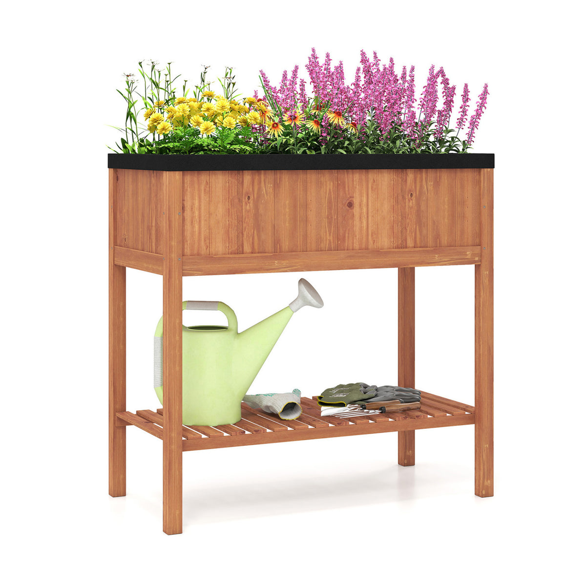 Outdoor Raised Garden Bed Fir Wood Planter Box with Bottom Storage