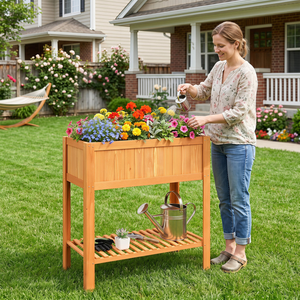 Outdoor Raised Garden Bed Fir Wood Planter Box with Bottom Storage