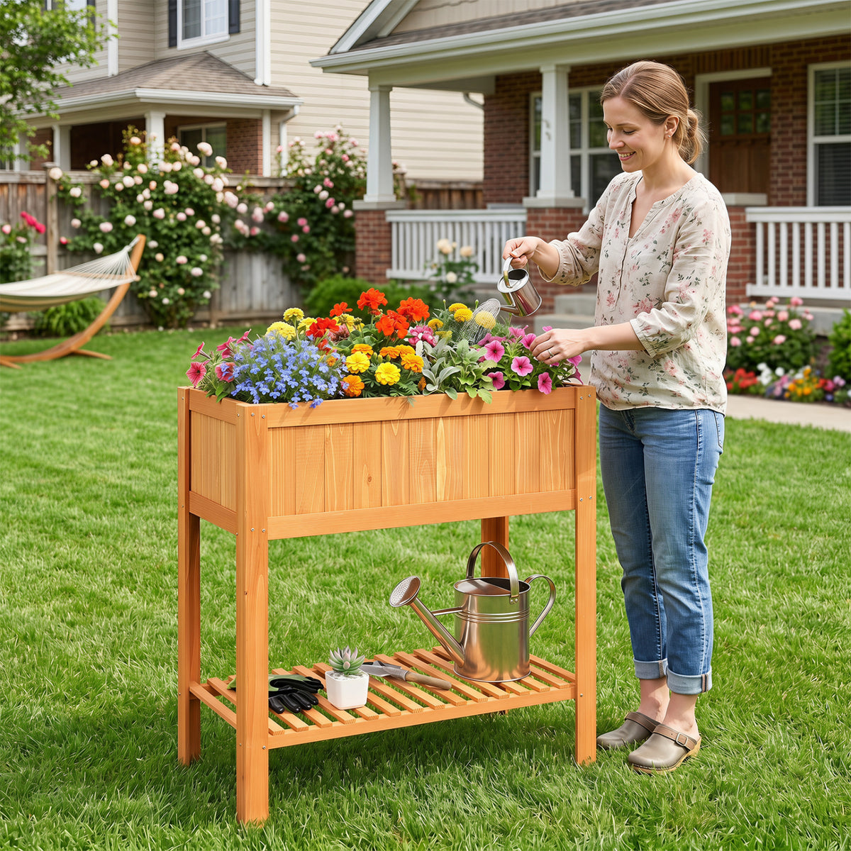 Outdoor Raised Garden Bed Fir Wood Planter Box with Bottom Storage