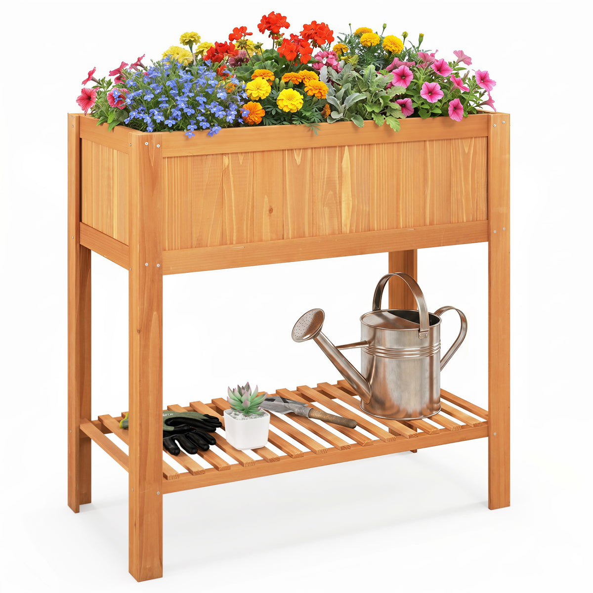 Outdoor Raised Garden Bed Fir Wood Planter Box with Bottom Storage