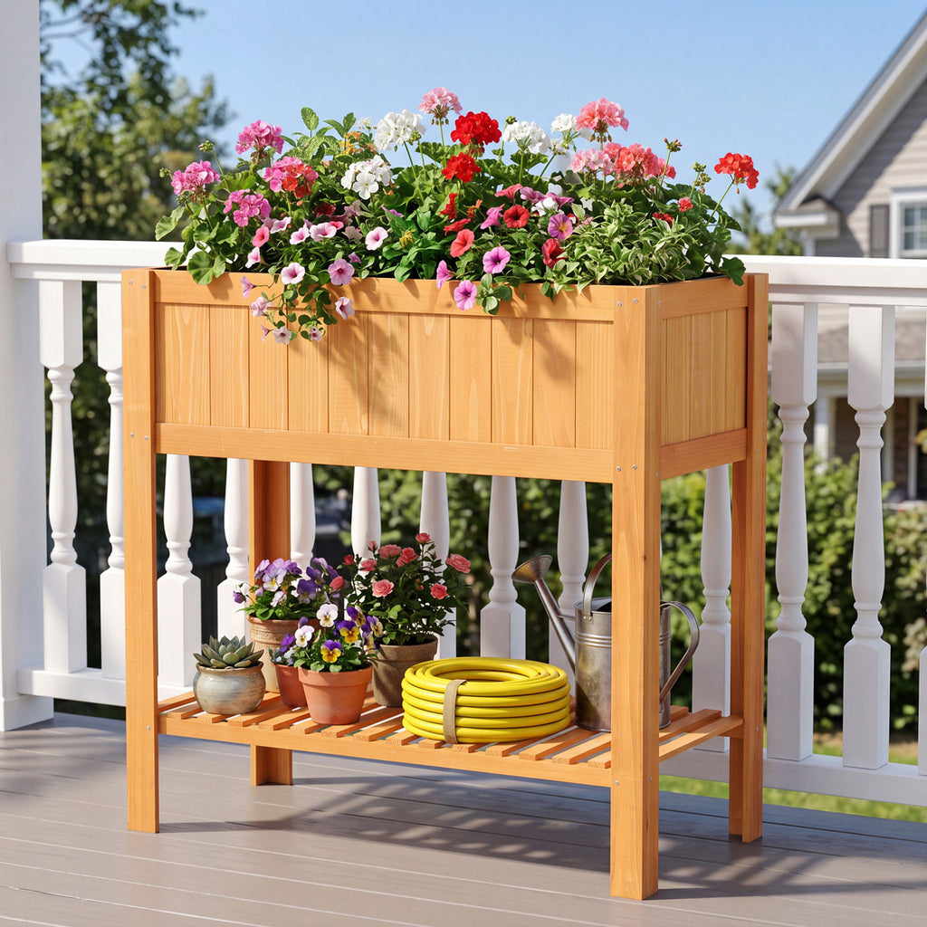 Outdoor Raised Garden Bed Fir Wood Planter Box with Bottom Storage