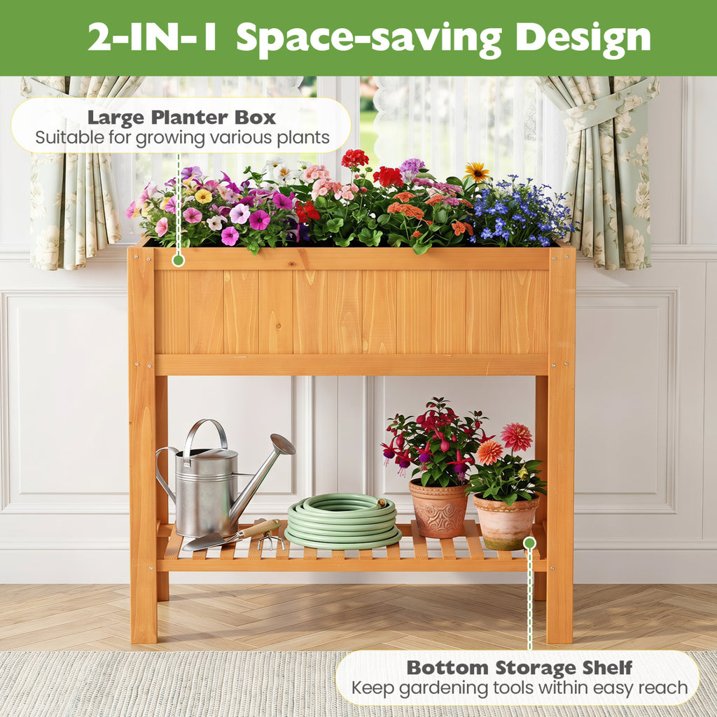 Outdoor Raised Garden Bed Fir Wood Planter Box with Bottom Storage