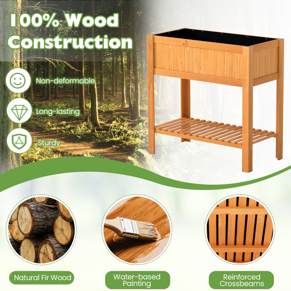 Outdoor Raised Garden Bed Fir Wood Planter Box with Bottom Storage
