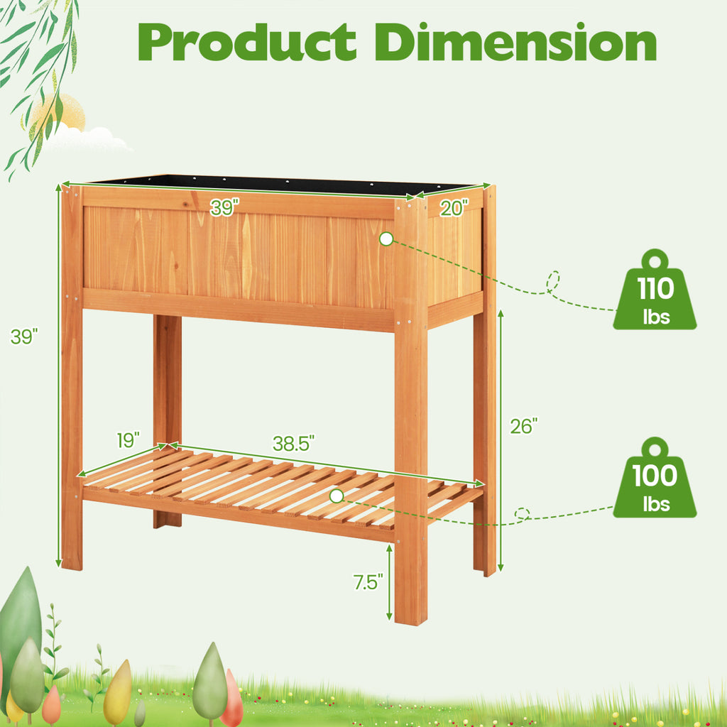 Outdoor Raised Garden Bed Fir Wood Planter Box with Bottom Storage