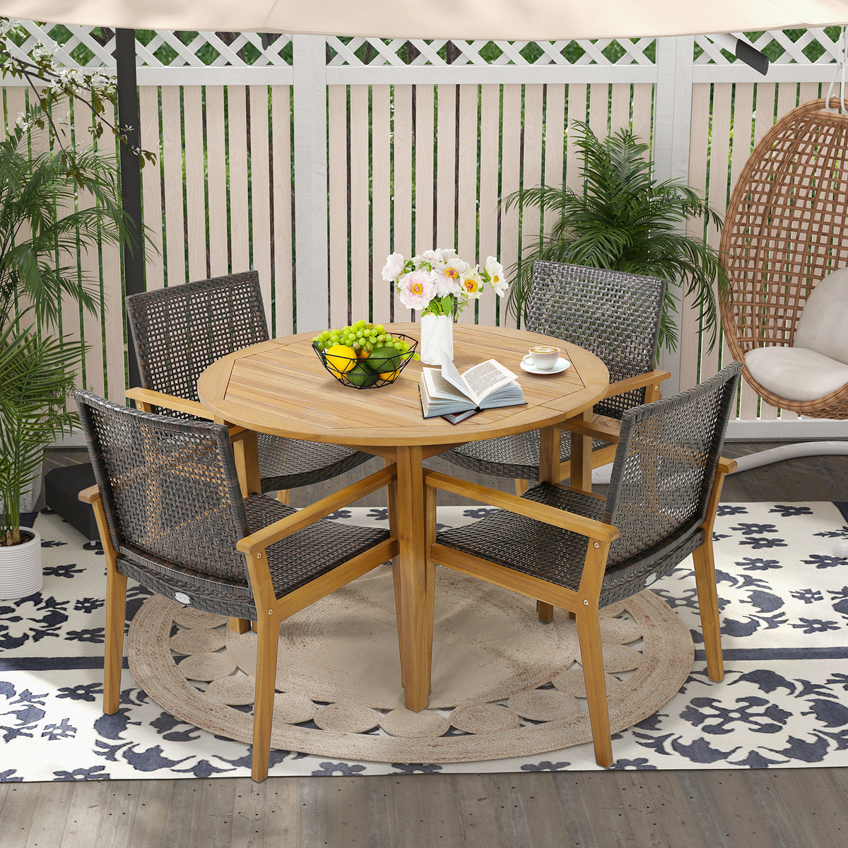 Outdoor Rattan Chair Set of 4 - Acacia Wood Frame