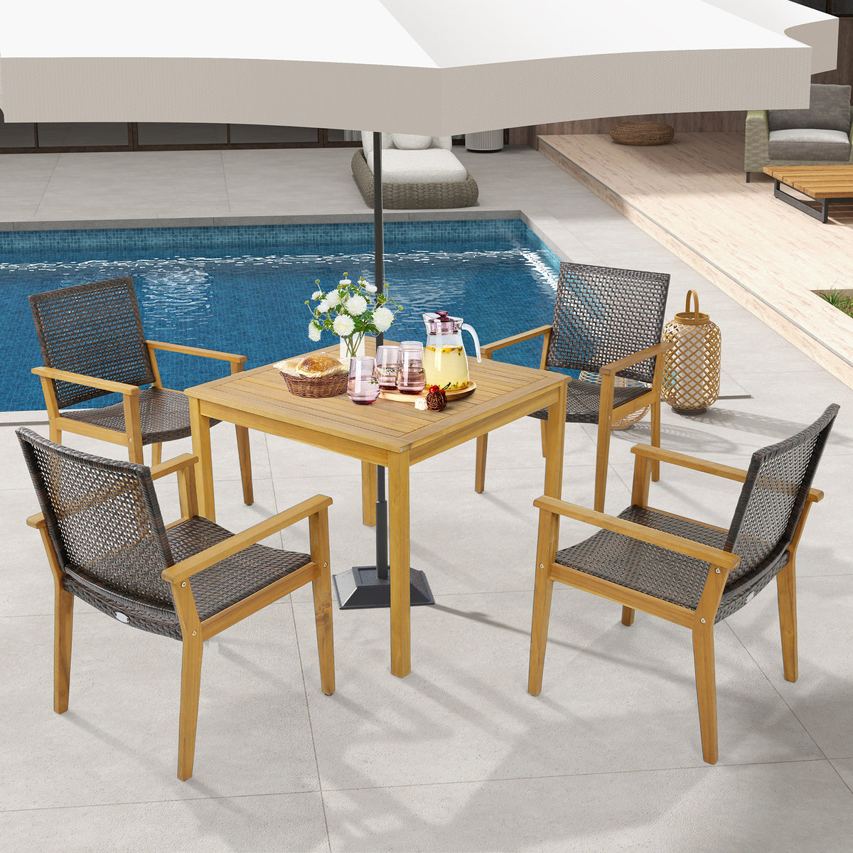Outdoor Rattan Chair Set of 4 - Acacia Wood Frame