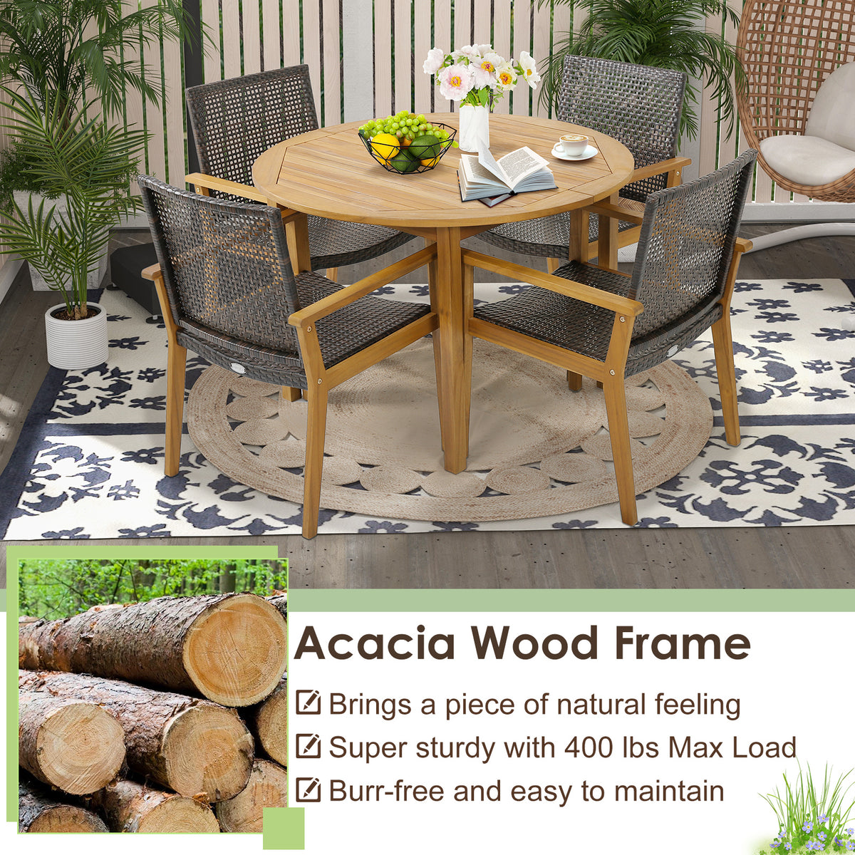Outdoor Rattan Chair Set of 4 - Acacia Wood Frame