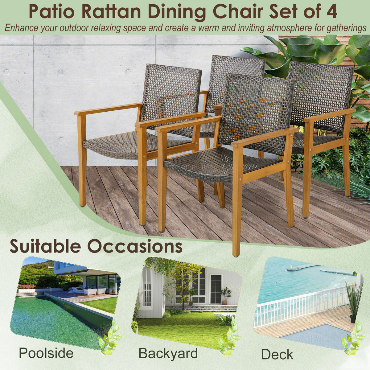 Outdoor Rattan Chair Set of 4 - Acacia Wood Frame