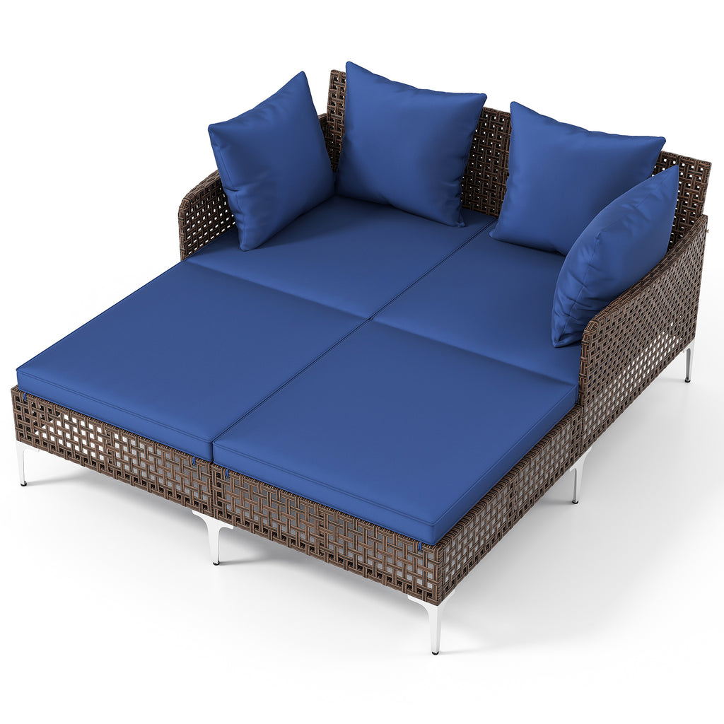 Outdoor Rattan Double Daybed Wicker Chaise Lounge – Navy