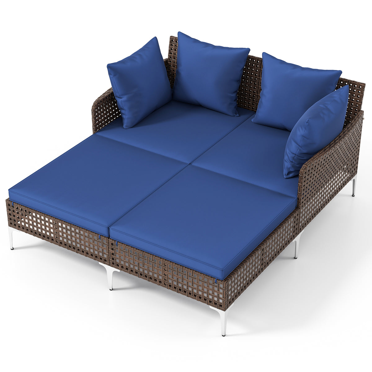 Outdoor Rattan Double Daybed Wicker Chaise Lounge – Navy