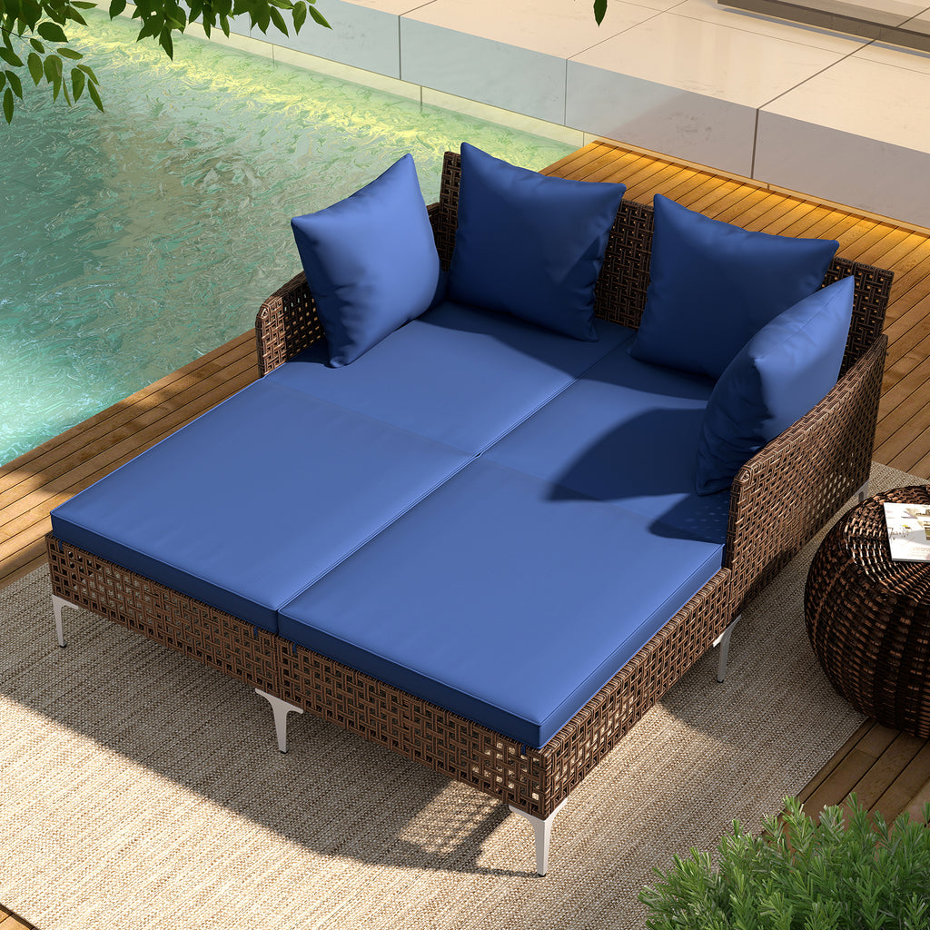Outdoor Rattan Double Daybed Wicker Chaise Lounge – Navy