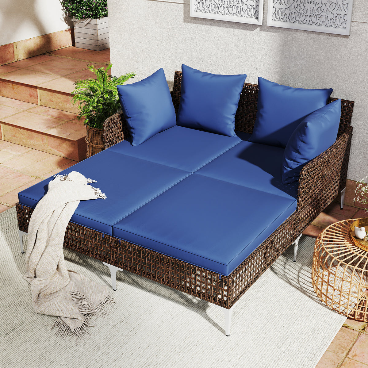 Outdoor Rattan Double Daybed Wicker Chaise Lounge – Navy