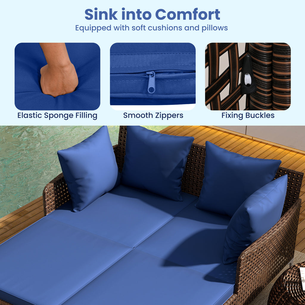 Outdoor Rattan Double Daybed Wicker Chaise Lounge – Navy
