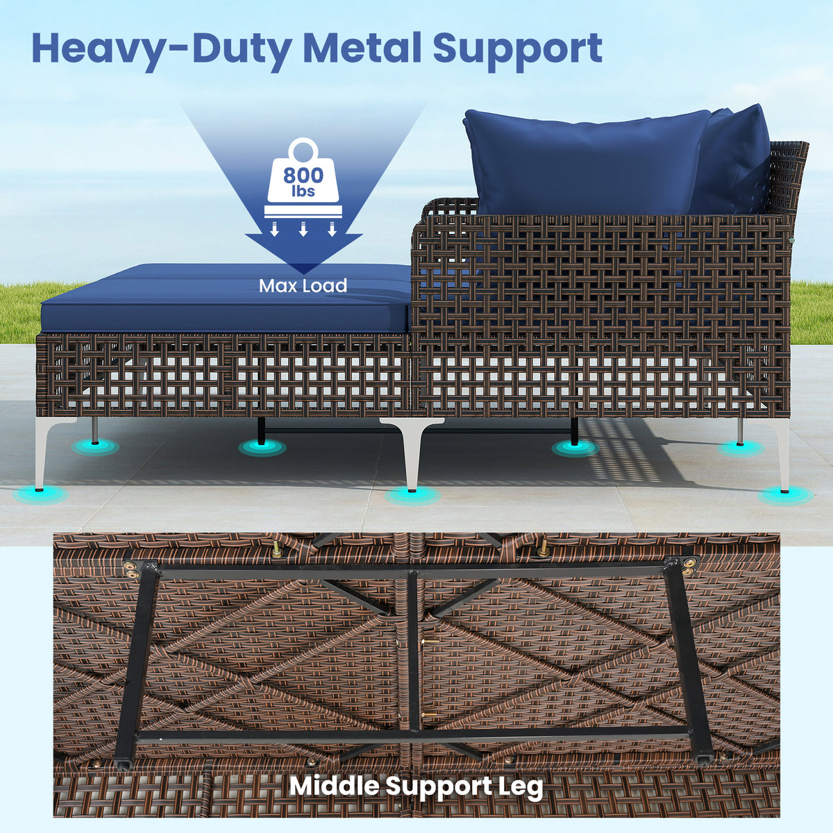 Outdoor Rattan Double Daybed Wicker Chaise Lounge – Navy