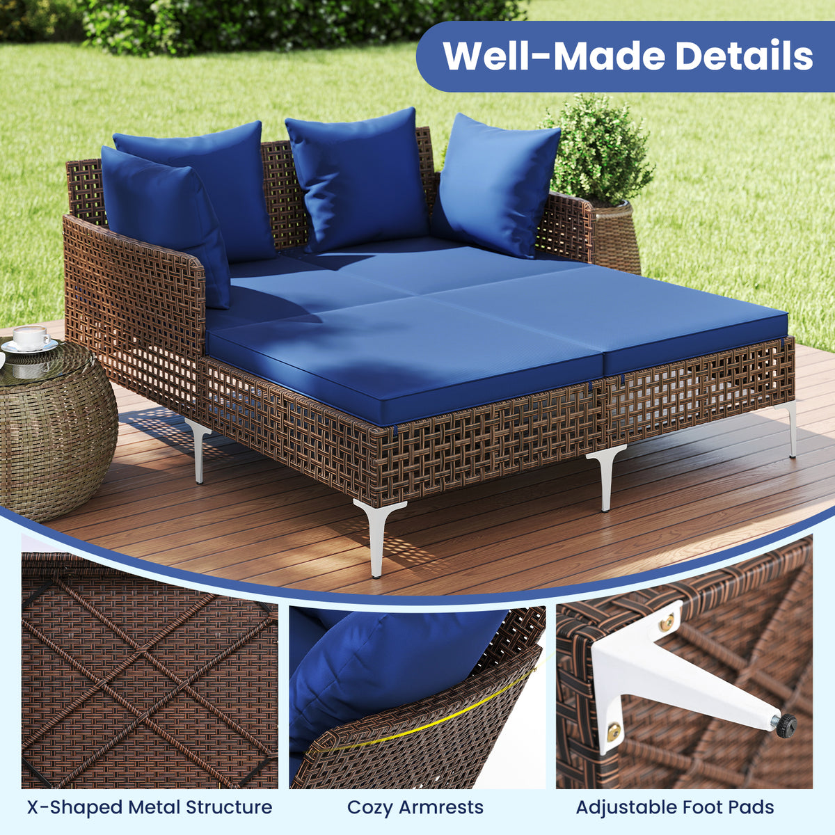 Outdoor Rattan Double Daybed Wicker Chaise Lounge – Navy