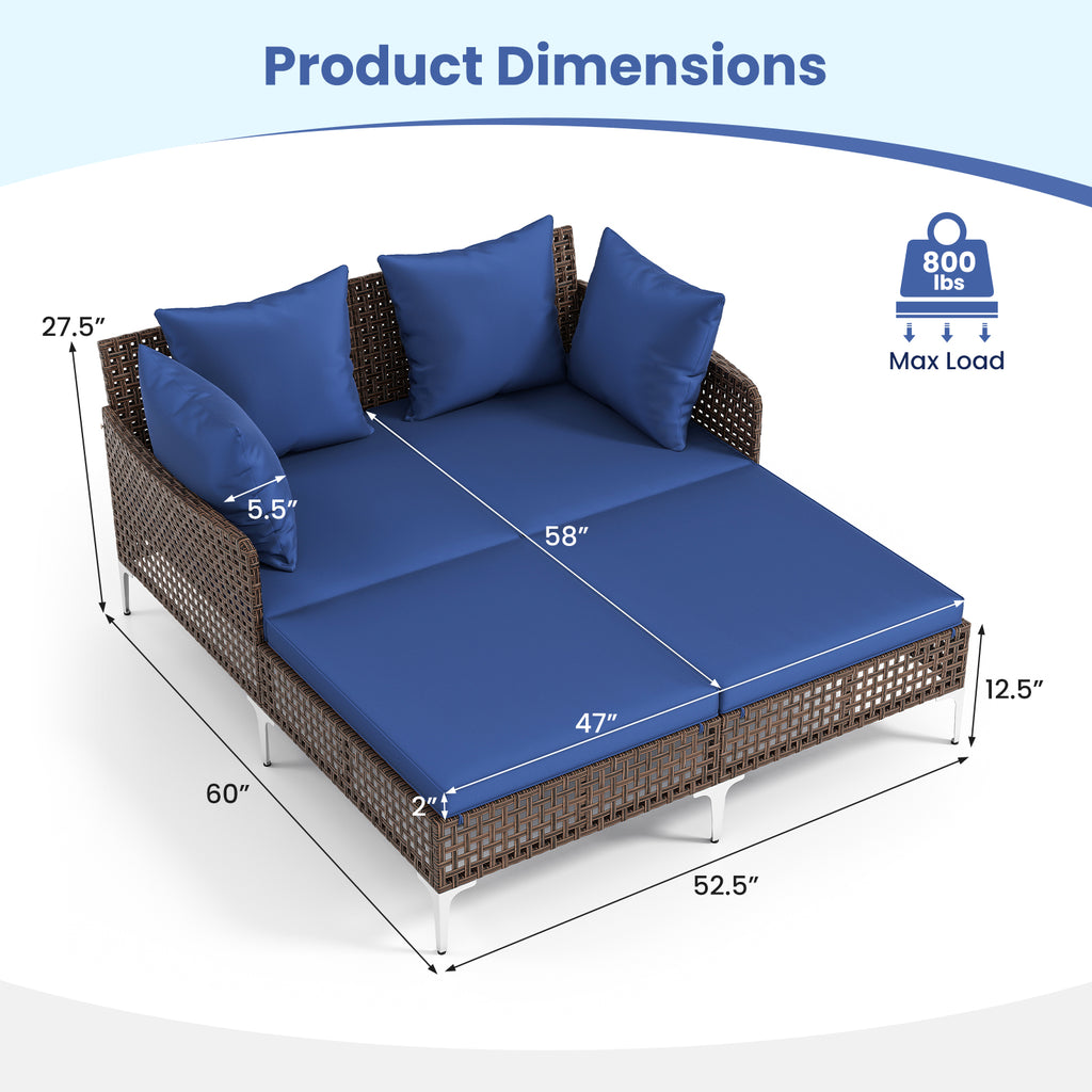 Outdoor Rattan Double Daybed Wicker Chaise Lounge – Navy