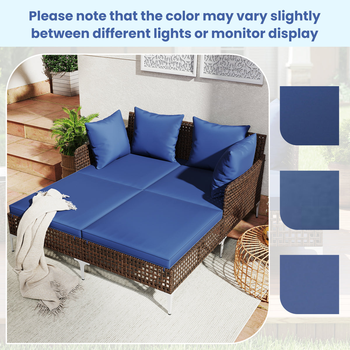 Outdoor Rattan Double Daybed Wicker Chaise Lounge – Navy
