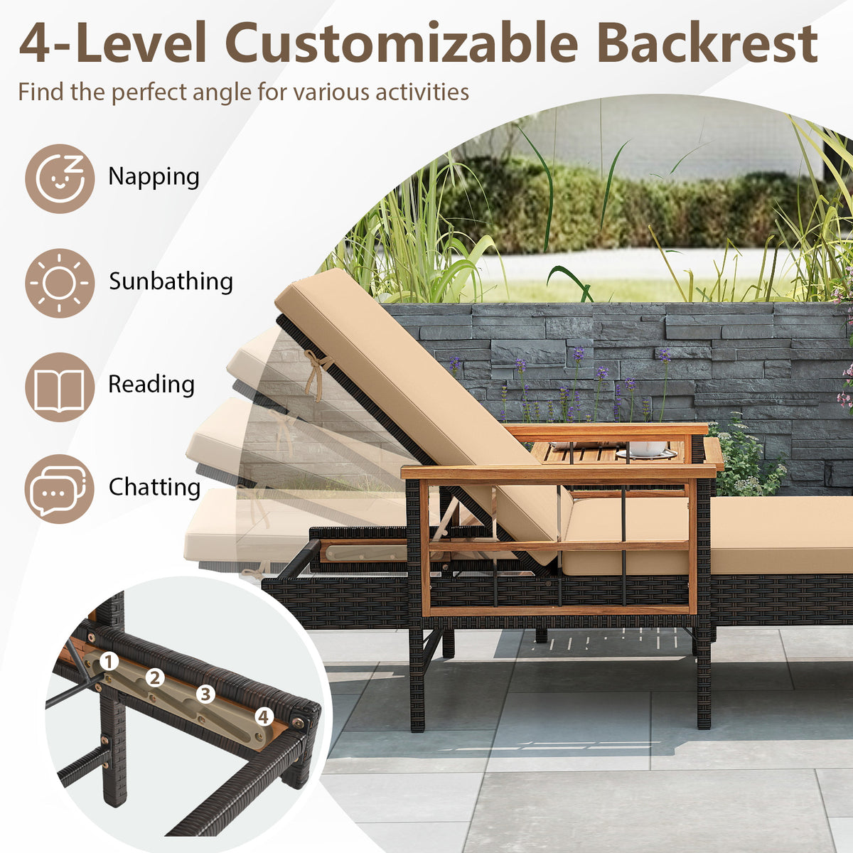 Outdoor Reclining Lounger Chair with 4-Level Adjustable Backrest – Beige
