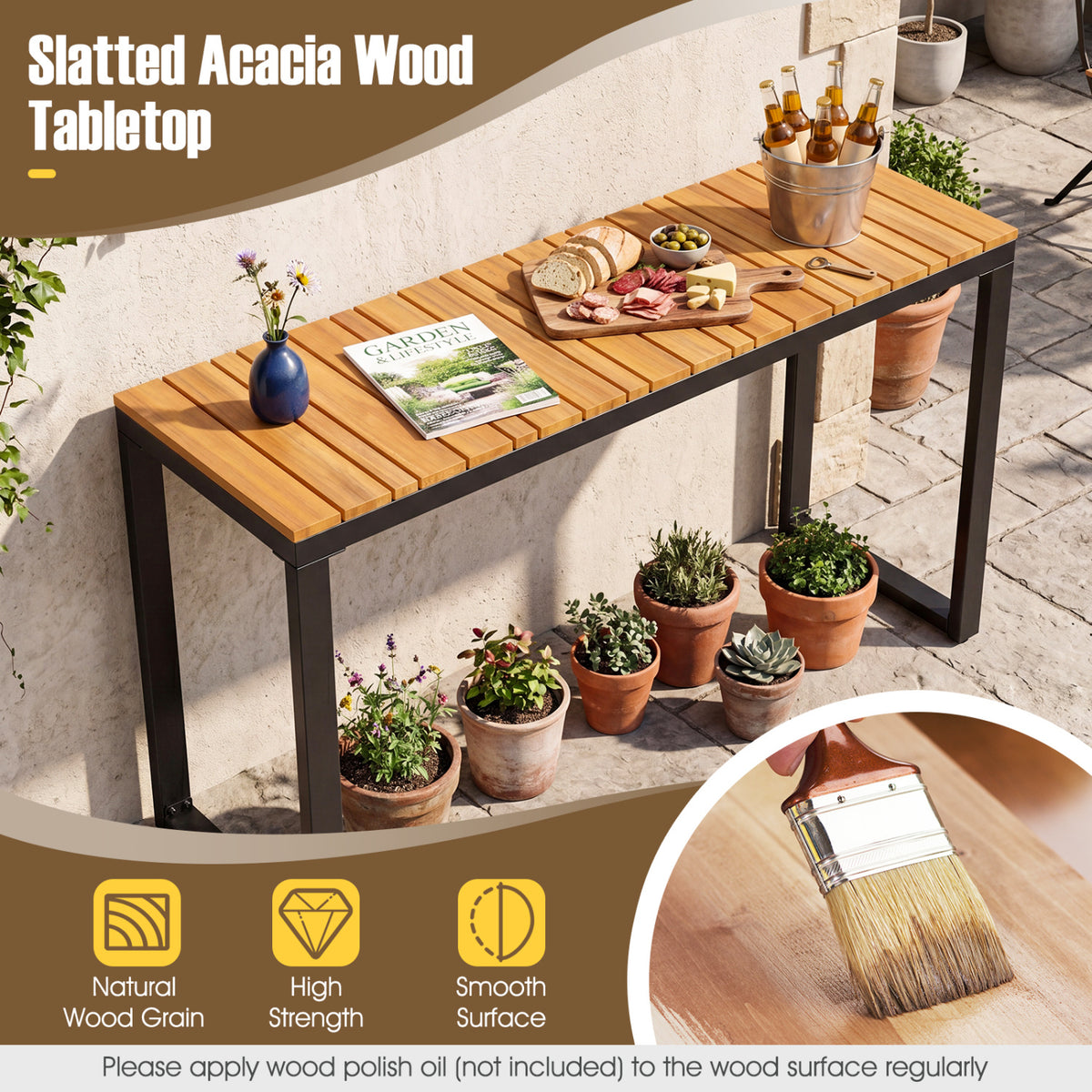 Outdoor Rectangle Console Table - Acacia Wood Tabletop