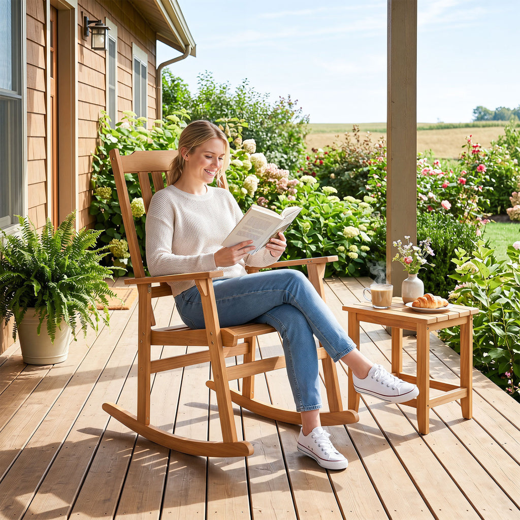 Outdoor Acacia Wood Rocking Chair with High Back and Armrests for