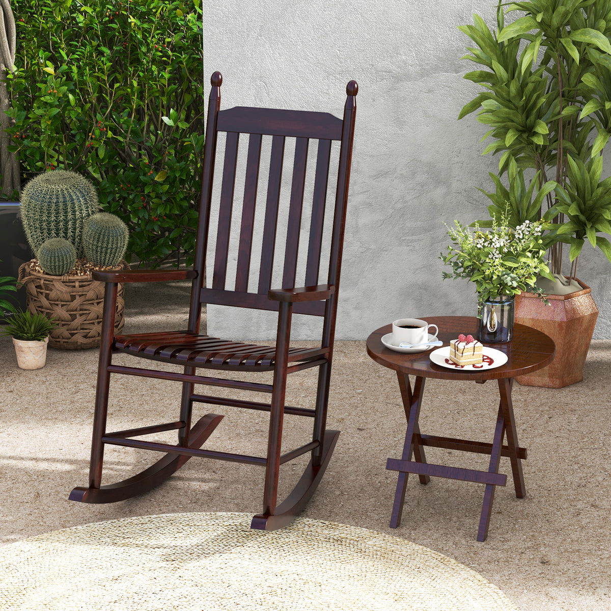 High-Back Acacia Wood Outdoor Rocking Chair with Solid Base