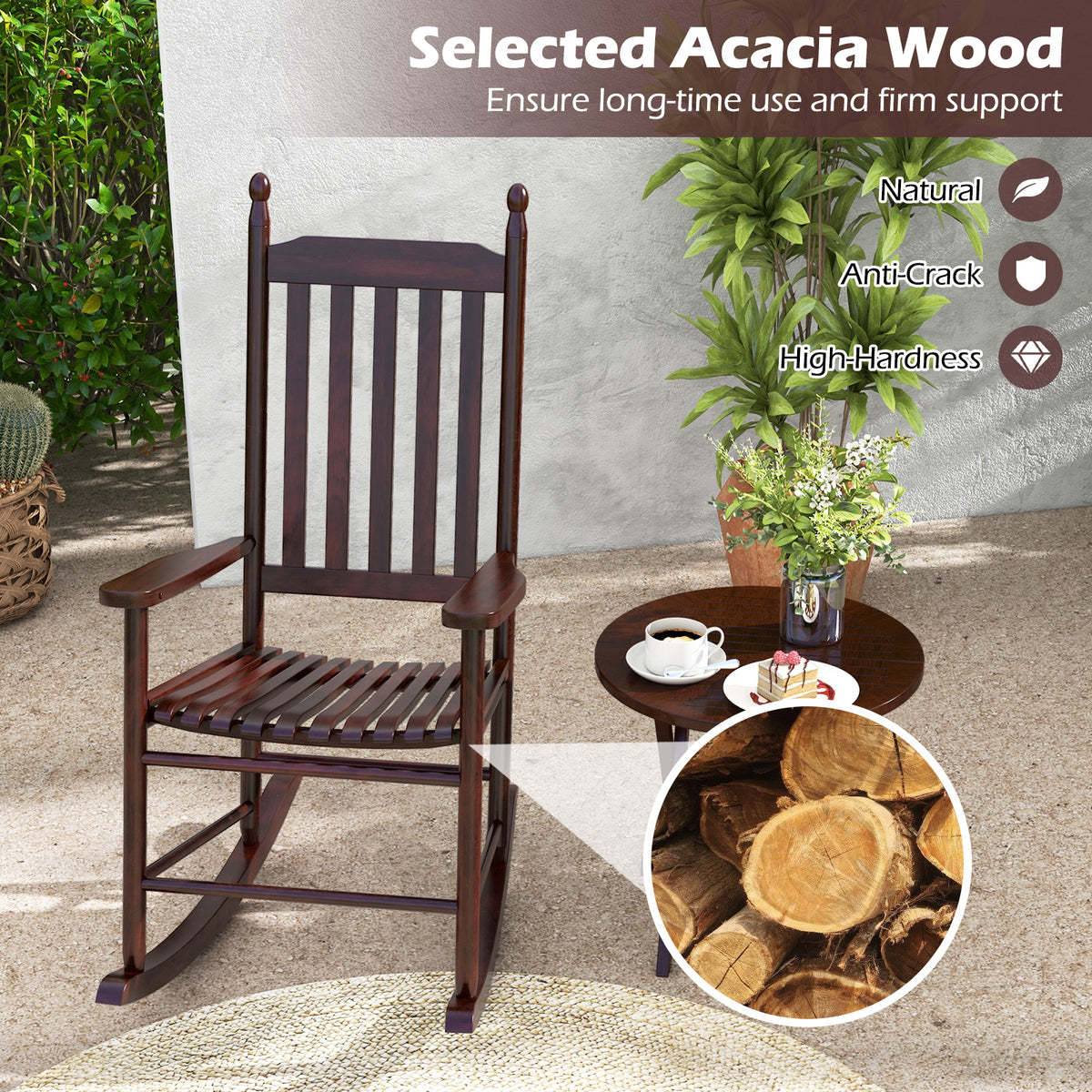 High-Back Acacia Wood Outdoor Rocking Chair with Solid Base