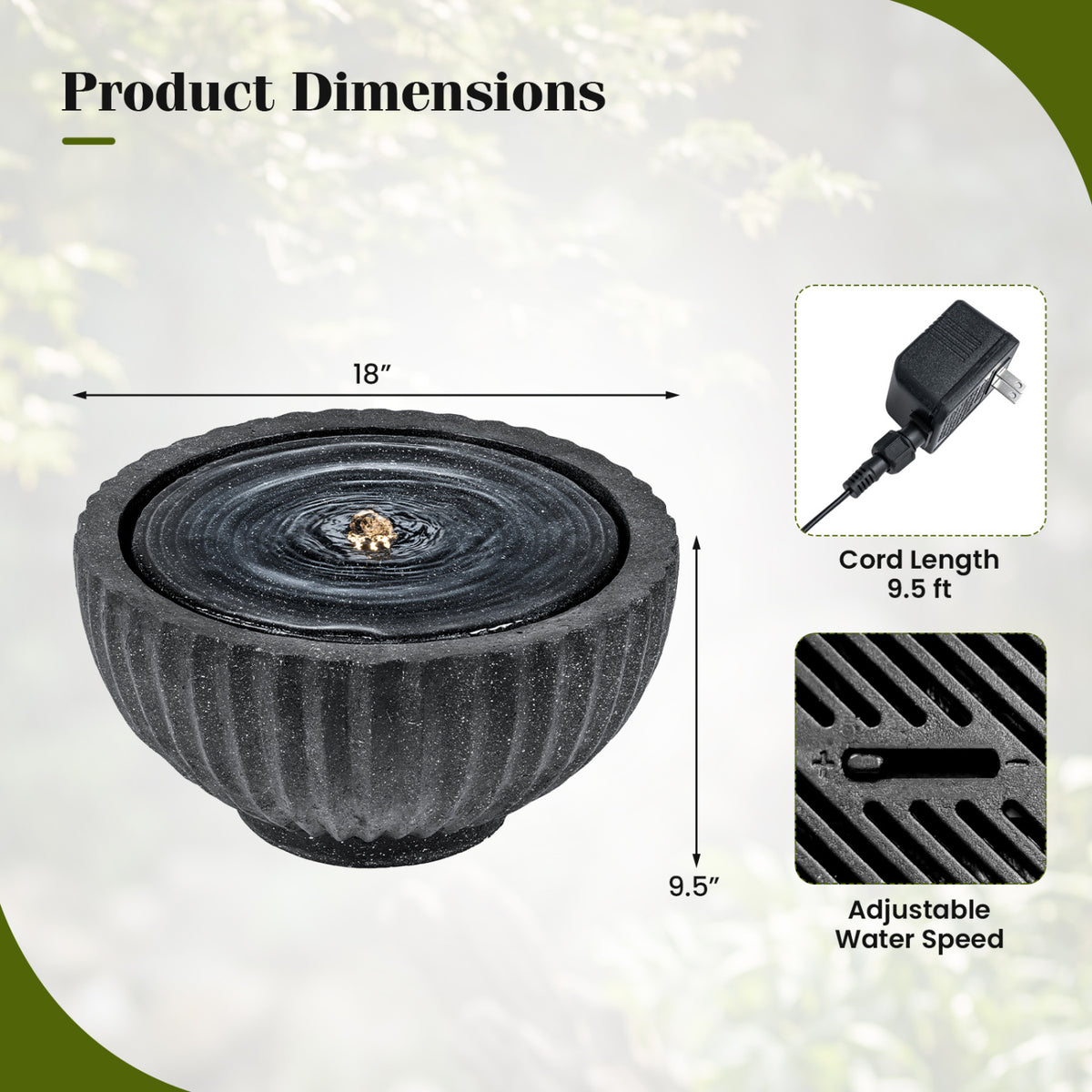 Outdoor 9.5 Inch Round Sphere Water Fountain with LED Lights & Pump