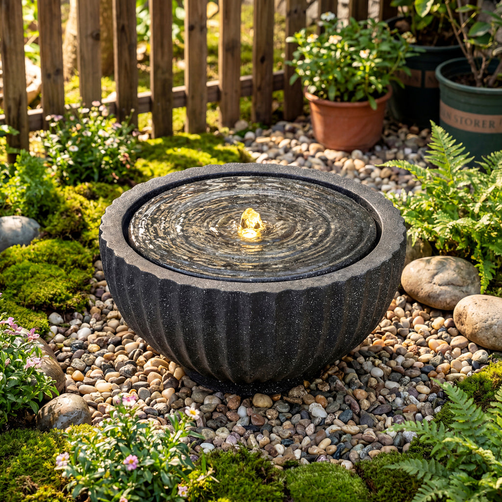 Outdoor 9.5 Inch Round Sphere Water Fountain with LED Lights & Pump