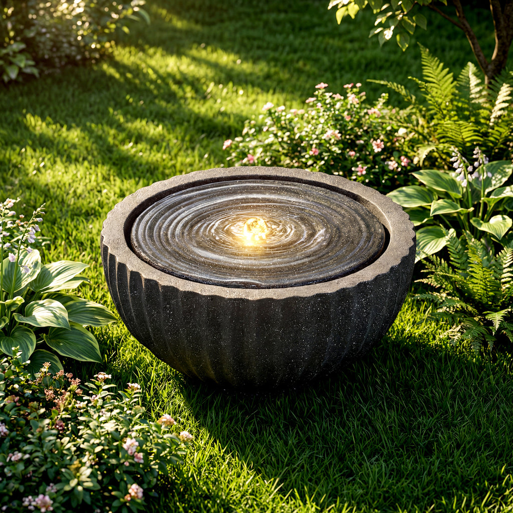Outdoor 9.5 Inch Round Sphere Water Fountain with LED Lights & Pump