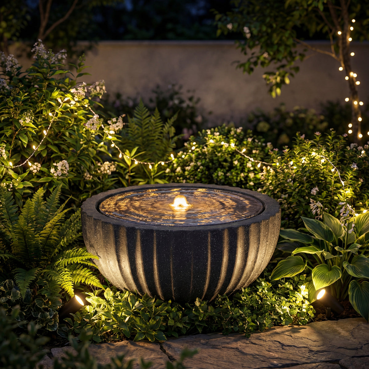 Outdoor 9.5 Inch Round Sphere Water Fountain with LED Lights & Pump