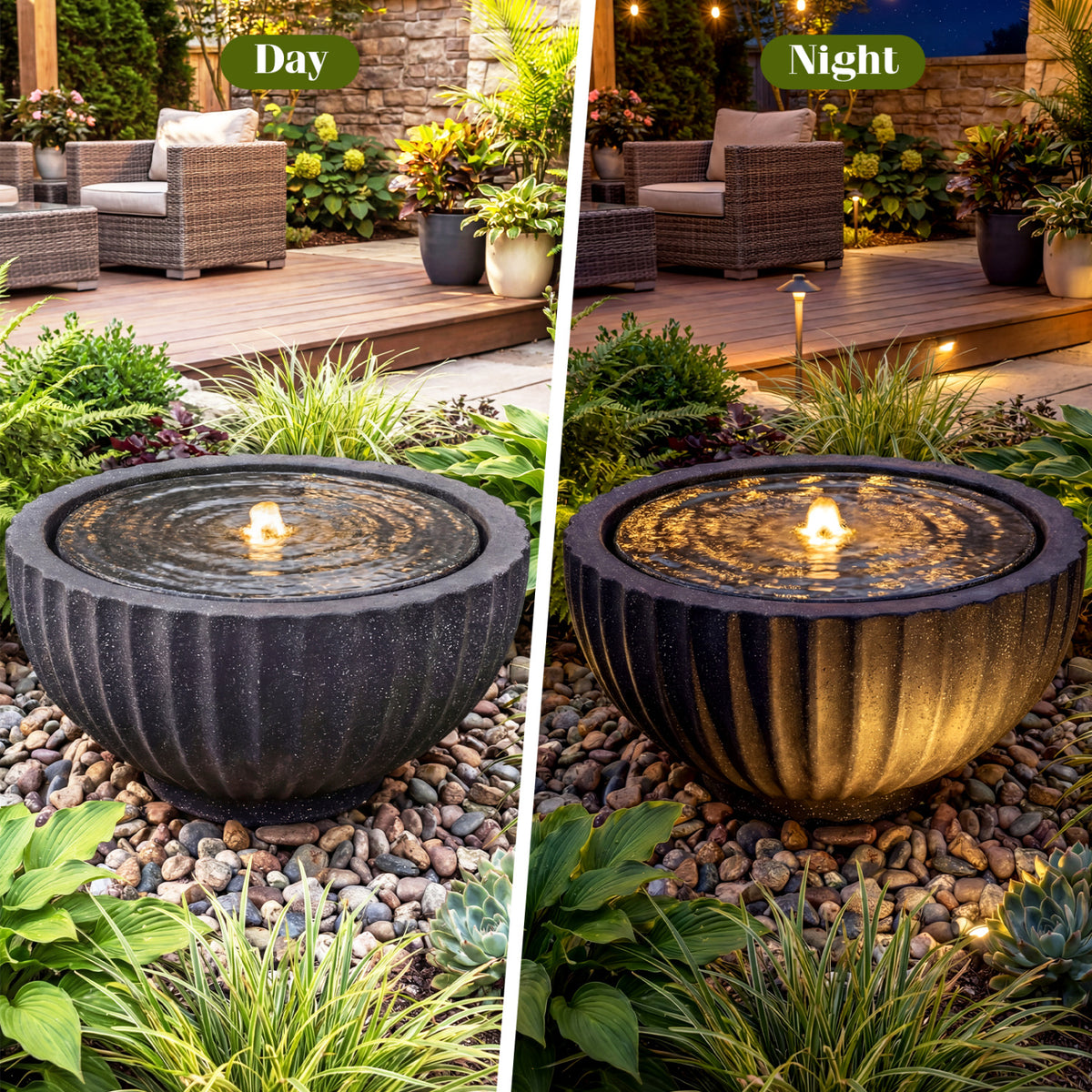 Outdoor 9.5 Inch Round Sphere Water Fountain with LED Lights & Pump