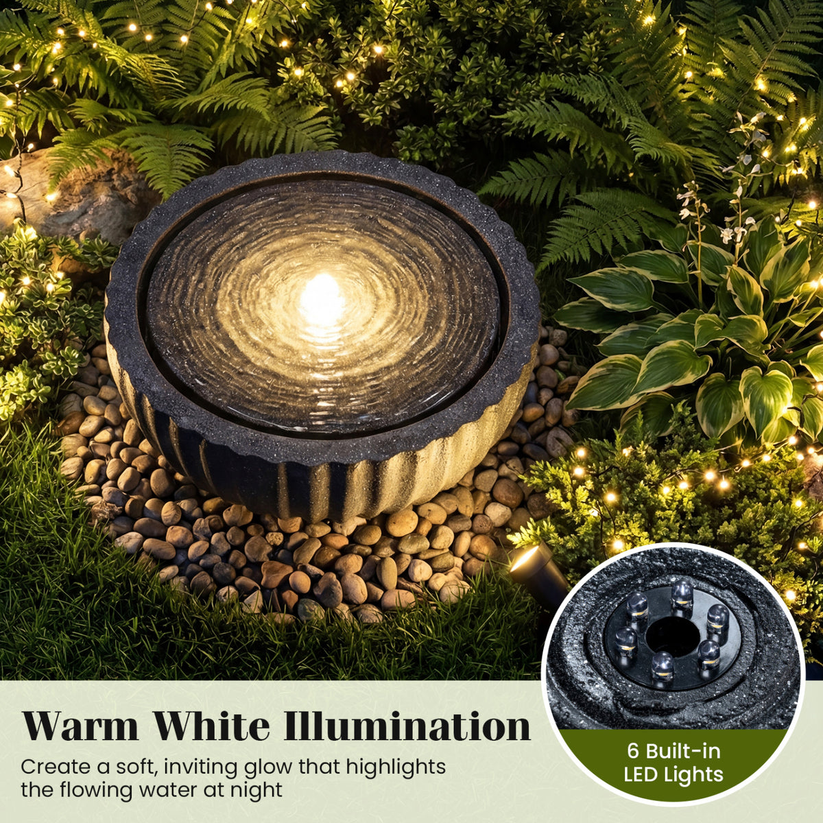 Outdoor 9.5 Inch Round Sphere Water Fountain with LED Lights & Pump