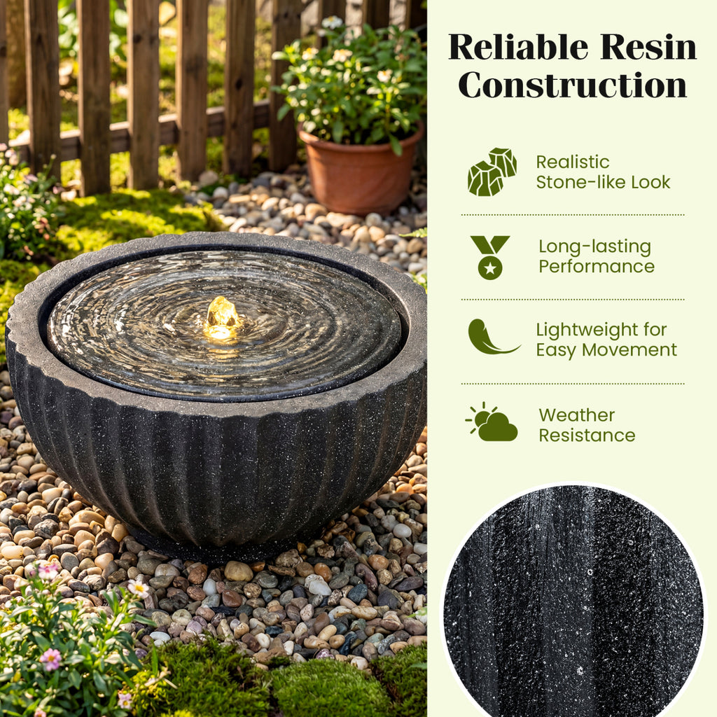 Outdoor 9.5 Inch Round Sphere Water Fountain with LED Lights & Pump