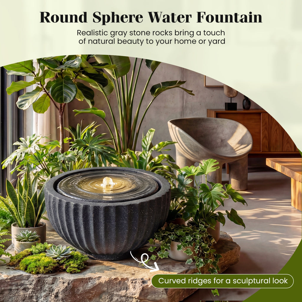 Outdoor 9.5 Inch Round Sphere Water Fountain with LED Lights & Pump