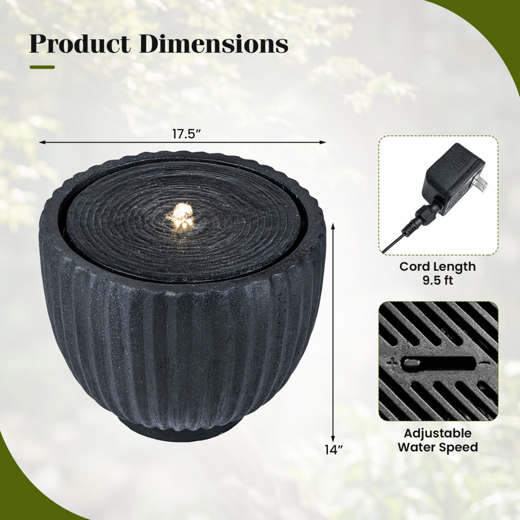 Outdoor Water Fountain Sphere with Pump 14 Inch - Garden Decor with LED Lights