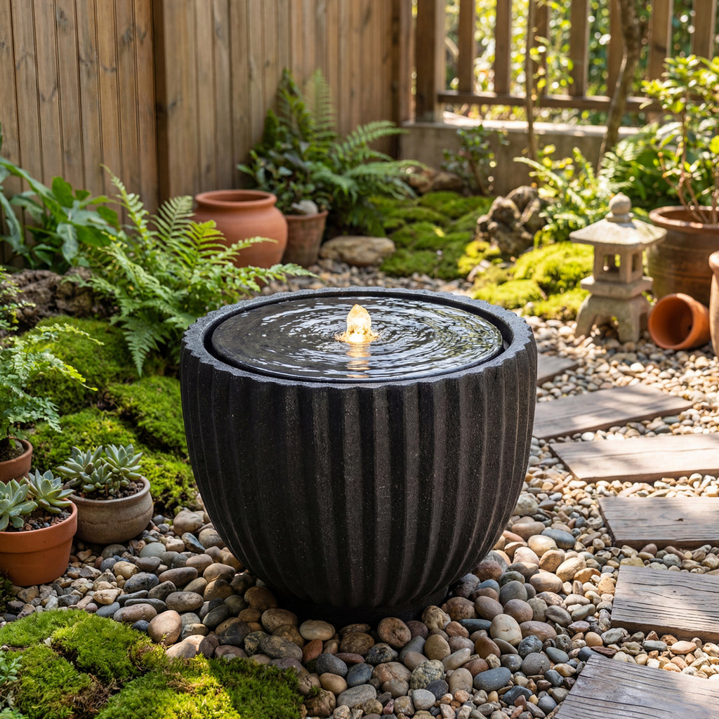 Outdoor Water Fountain Sphere with Pump 14 Inch - Garden Decor with LED Lights