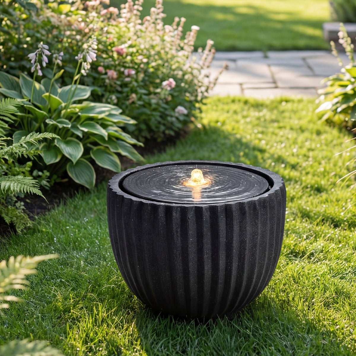 Outdoor Water Fountain Sphere with Pump 14 Inch - Garden Decor with LED Lights