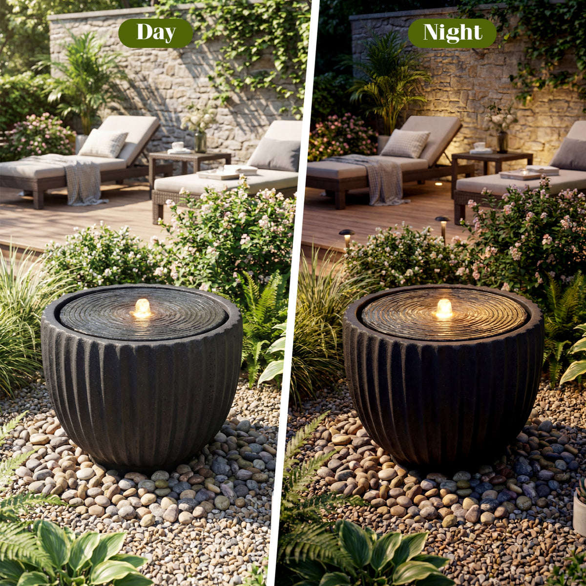 Outdoor Water Fountain Sphere with Pump 14 Inch - Garden Decor with LED Lights