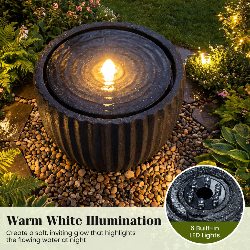 Outdoor Water Fountain Sphere with Pump 14 Inch - Garden Decor with LED Lights