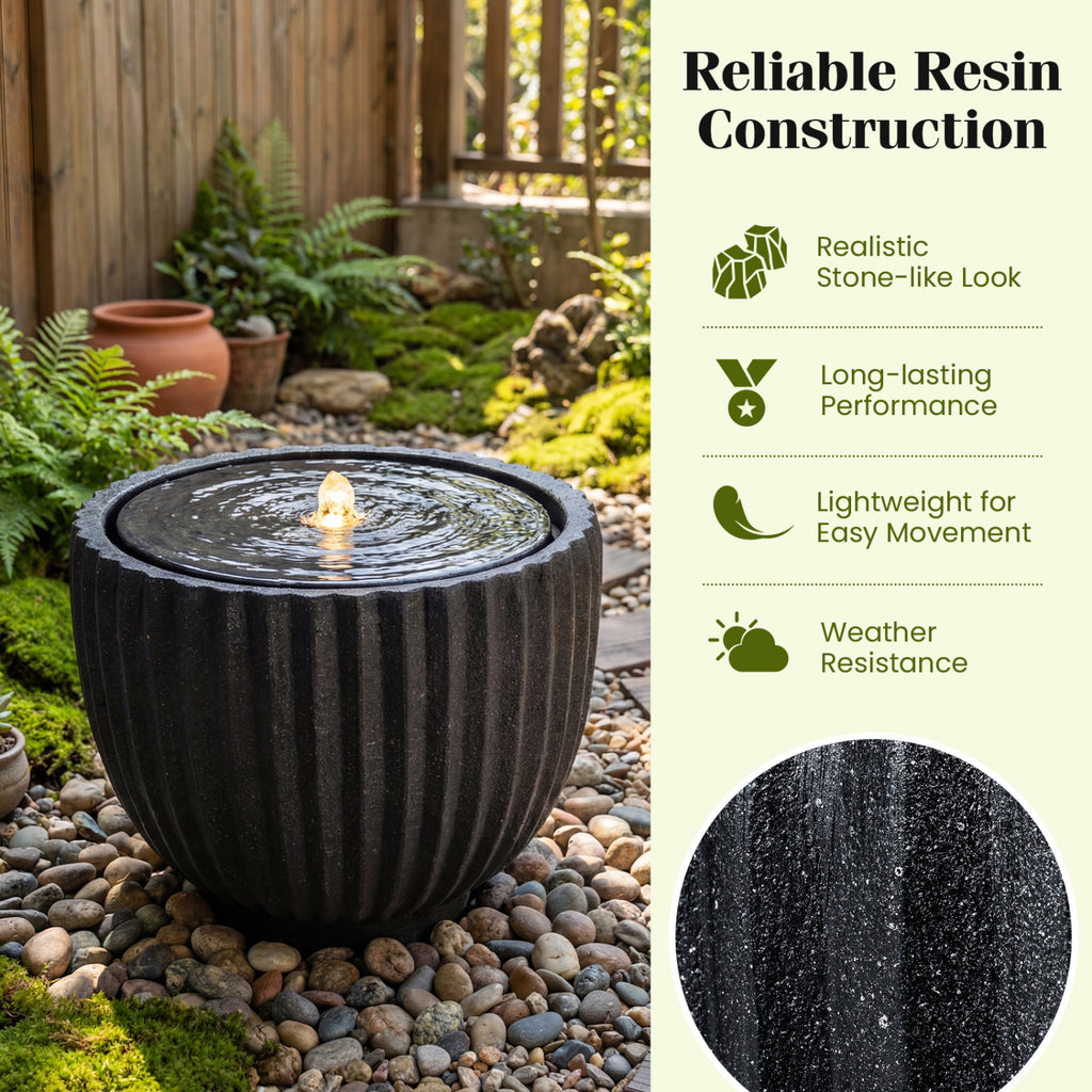 Outdoor Water Fountain Sphere with Pump 14 Inch - Garden Decor with LED Lights