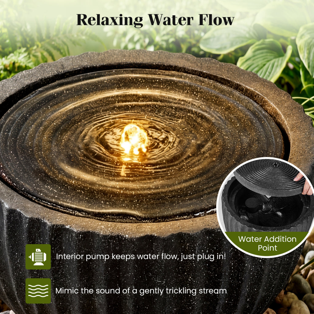 Outdoor Water Fountain Sphere with Pump 14 Inch - Garden Decor with LED Lights