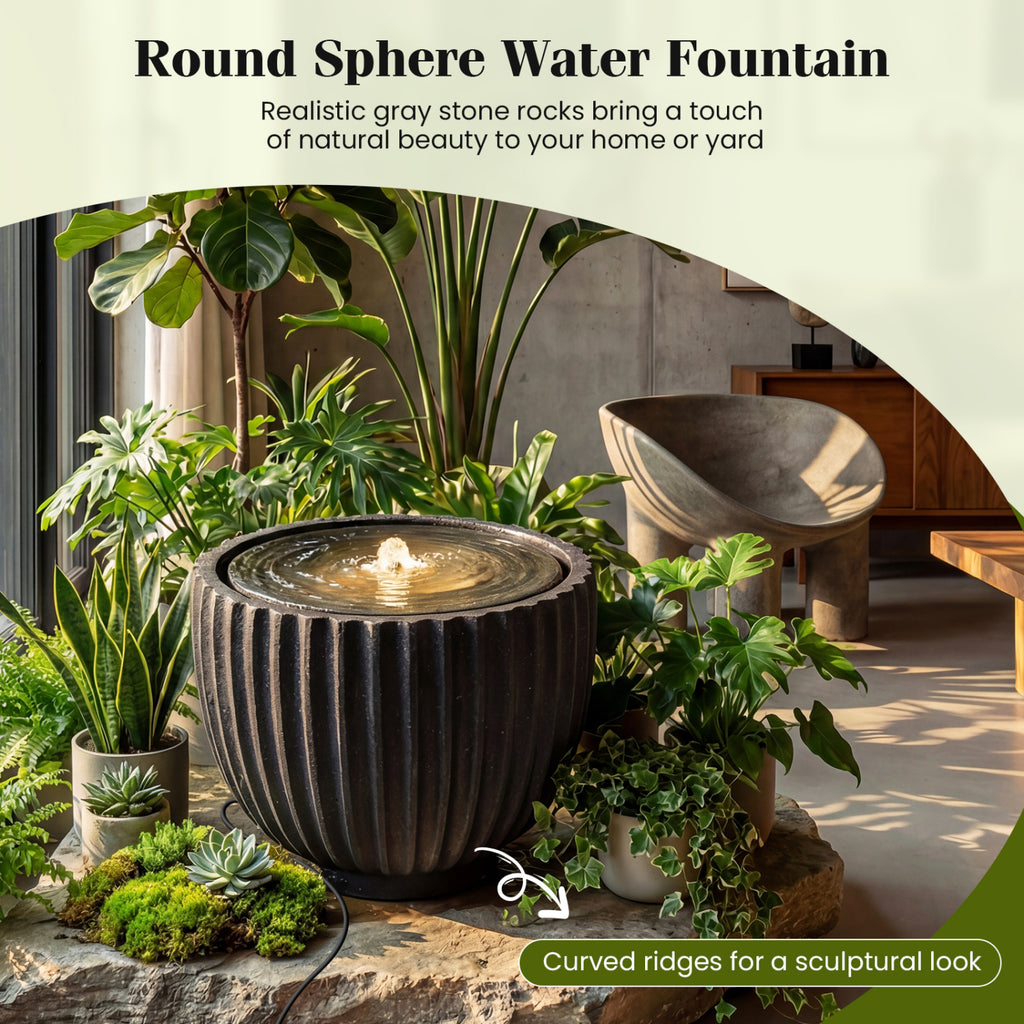 Outdoor Water Fountain Sphere with Pump 14 Inch - Garden Decor with LED Lights