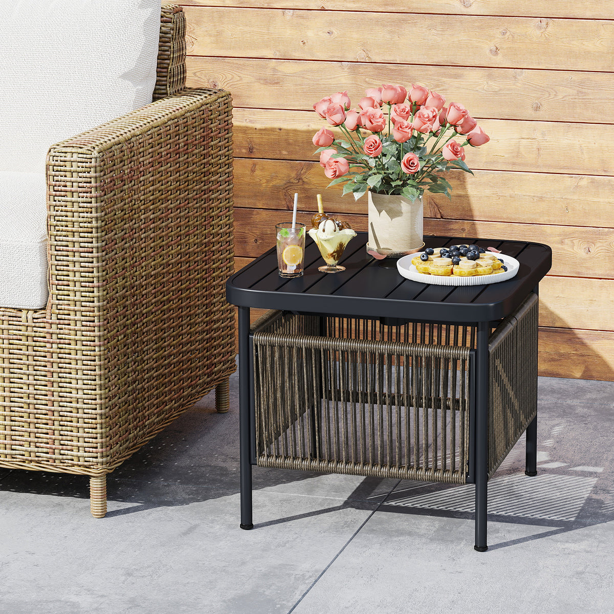 Outdoor Side Table with Umbrella Hole & Storage Shelf - Style 6