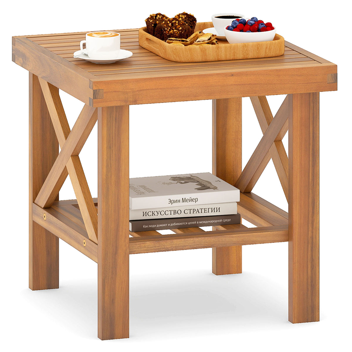 Outdoor Side Table with Storage Shelf for Small Space