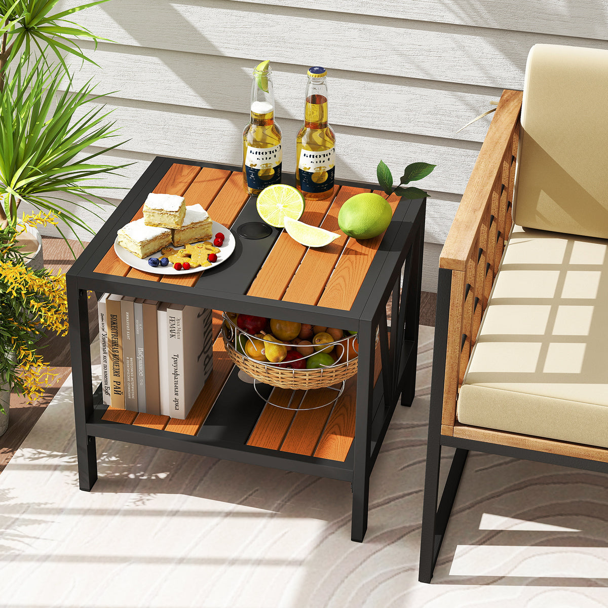 Outdoor Side Table with Umbrella Hole and Storage – 20.5" x 18"