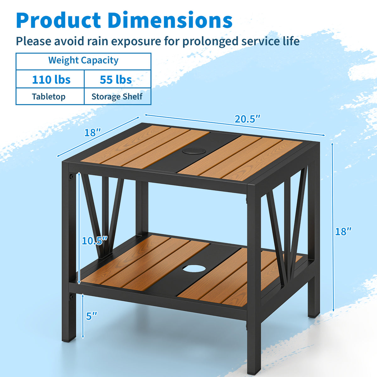 Outdoor Side Table with Umbrella Hole and Storage – 20.5" x 18"