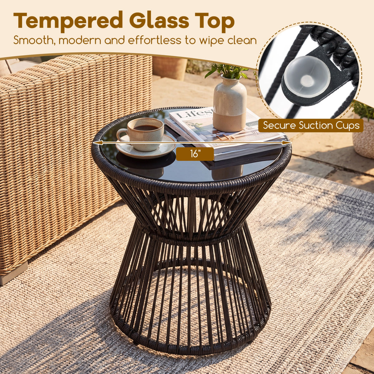 Outdoor Side Table with LED Warm Light and Tempered Glass Top
