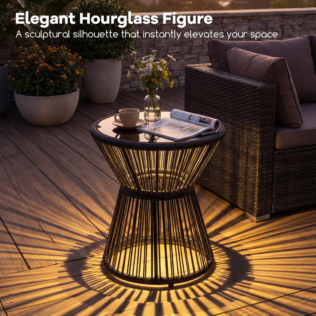 Outdoor Side Table with LED Warm Light and Tempered Glass Top